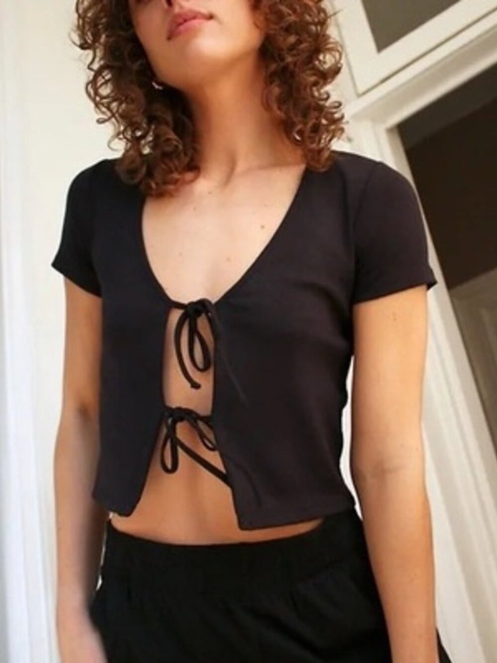 Aritzia Wilfred Only Tie-Front ribbed black tee